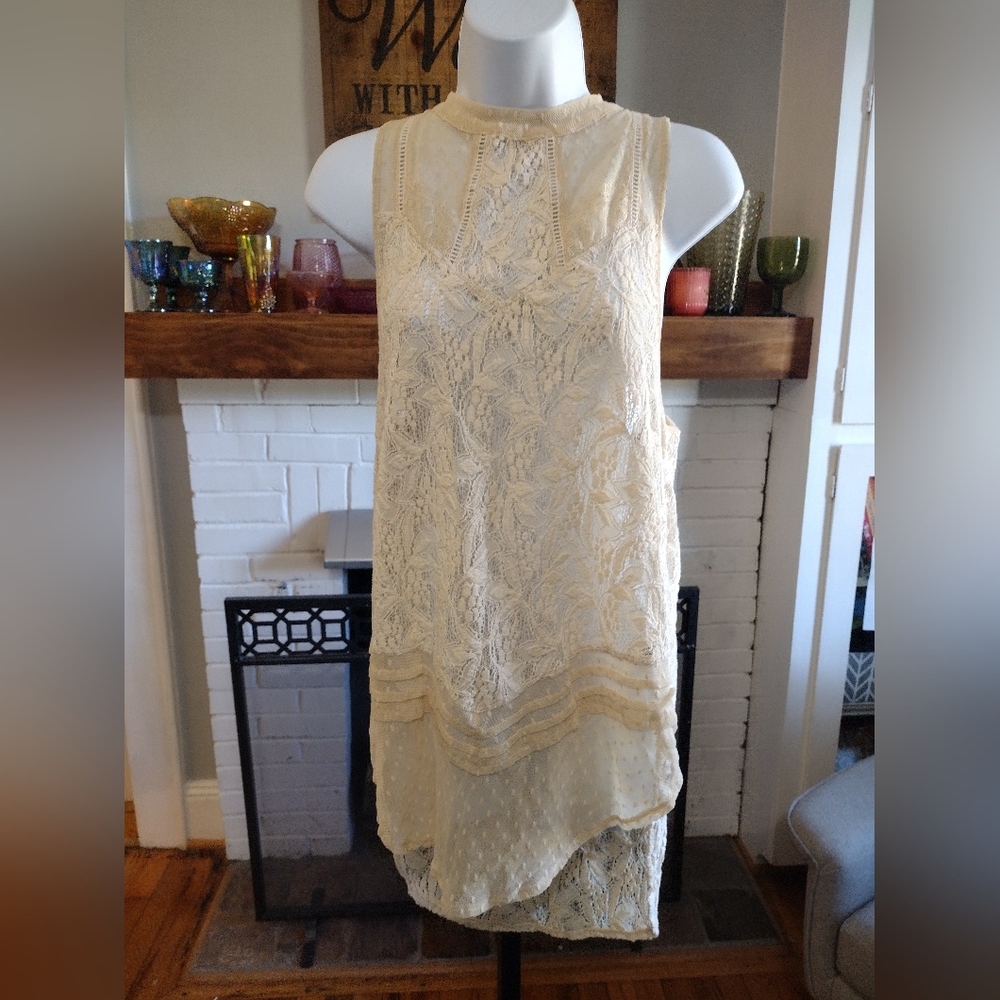 Free People Maisie Tunic Antique Ivory Lace High Neck Sleeveless Blouse Tank